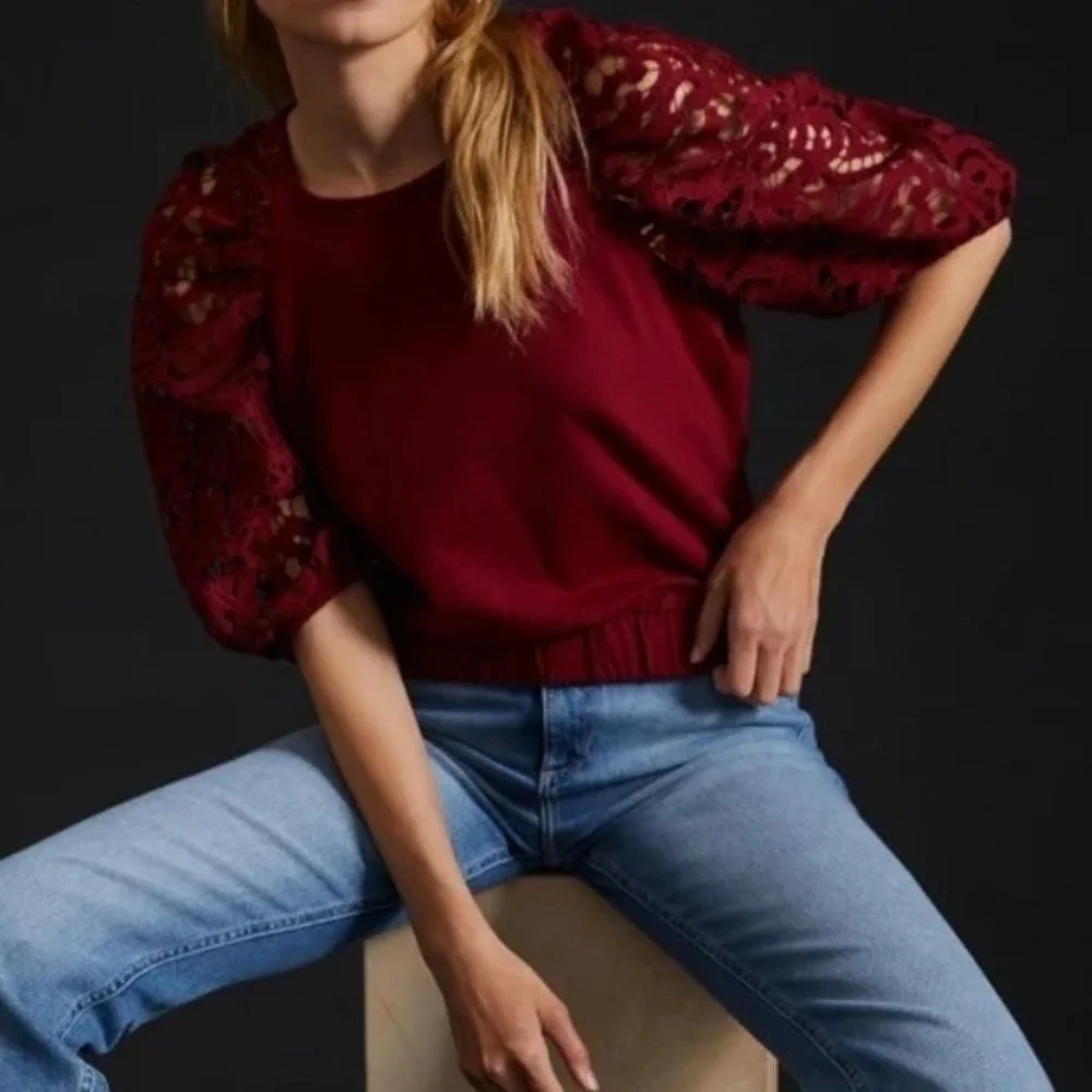 Dolan Left Coast Anthropologie Lace Sleeve Top Burgundy Red Knit Blouse Sz S